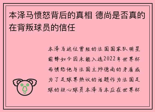 本泽马愤怒背后的真相 德尚是否真的在背叛球员的信任