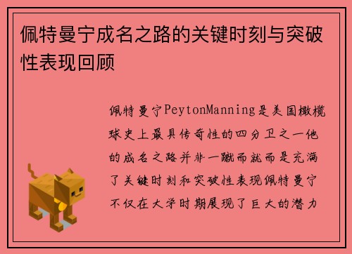 佩特曼宁成名之路的关键时刻与突破性表现回顾