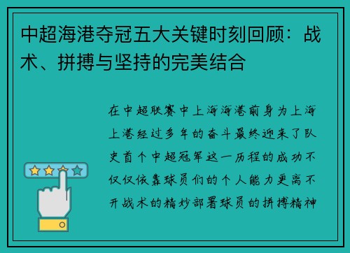 中超海港夺冠五大关键时刻回顾：战术、拼搏与坚持的完美结合