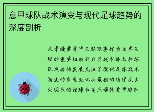意甲球队战术演变与现代足球趋势的深度剖析
